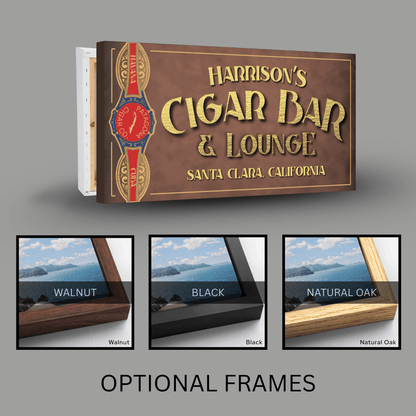 Cigar Bar Sign featuring Harrison's Cigar Bar & Lounge with optional frames in walnut, black, and natural oak.