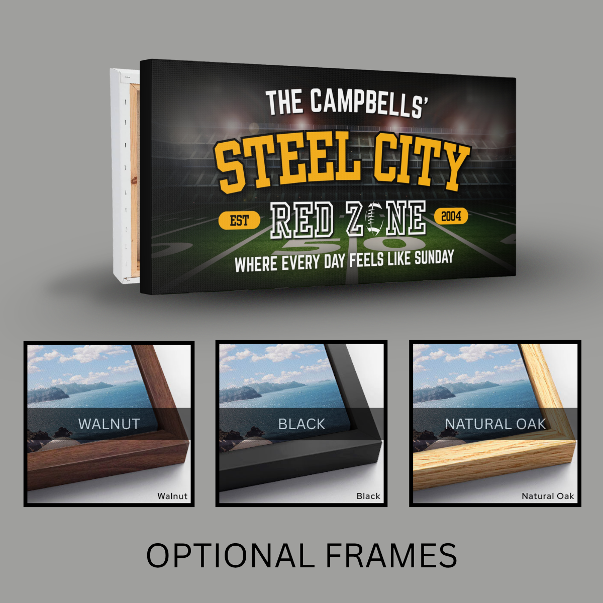 Pittsburgh Football Sign featuring personalized name and available frames in walnut, black, and natural oak.
