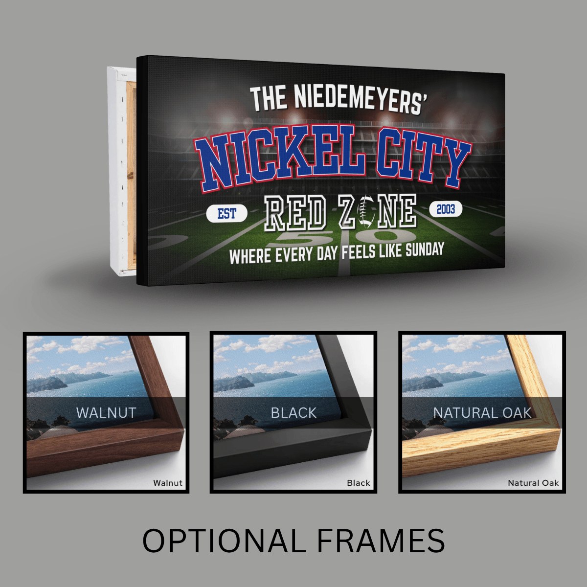 Buffalo Football Sign featuring personalized Nickel City design with optional frames in walnut, black, and natural oak.