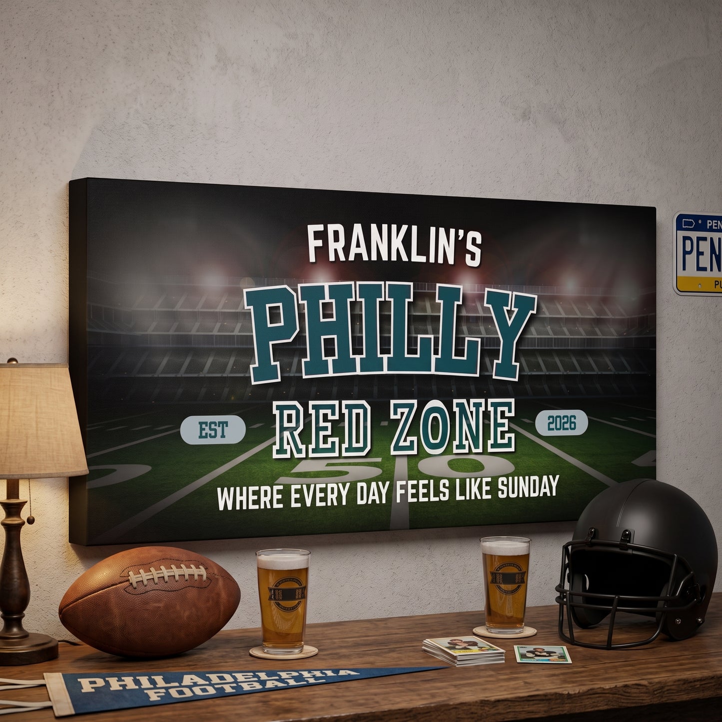 Philadelphia Football Sign featuring Franklin's Philly Red Zone and bold lettering, perfect for a man cave or game day.