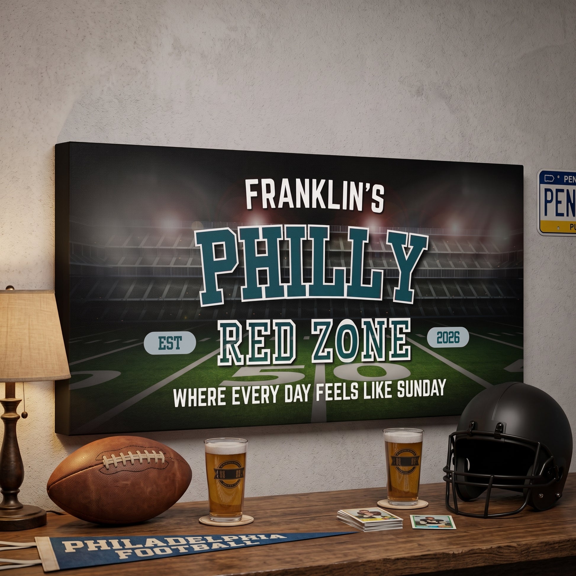 Philadelphia Football Sign featuring Franklin's Philly Red Zone and bold lettering, perfect for a man cave or game day.