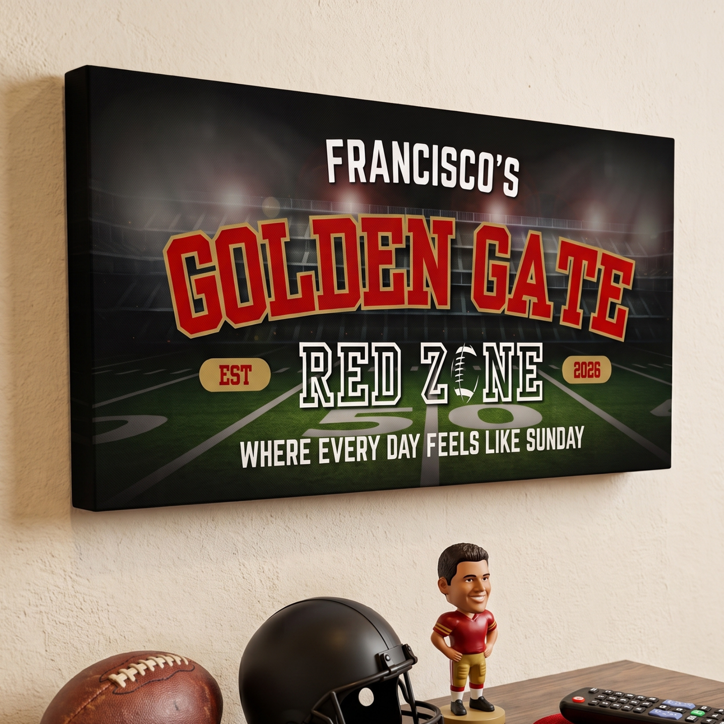 San Francisco Football Sign featuring Golden Gate and Red Zone on a canvas for a personalized man cave.