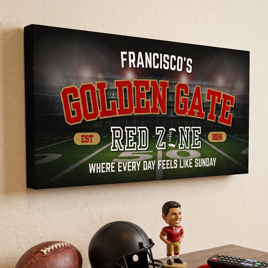 San Francisco Football Sign featuring Golden Gate and Red Zone on a canvas for a personalized man cave.