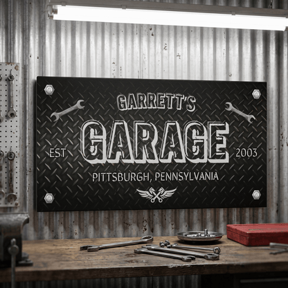 Diamond Plate Sign featuring personalized design for Garrett's Garage in Pittsburgh, Pennsylvania, established in 2003.