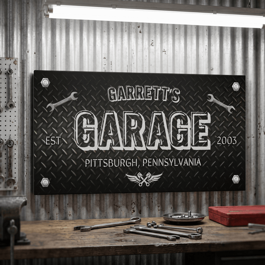 Diamond Plate Sign featuring personalized design for Garrett's Garage in Pittsburgh, Pennsylvania, established in 2003.