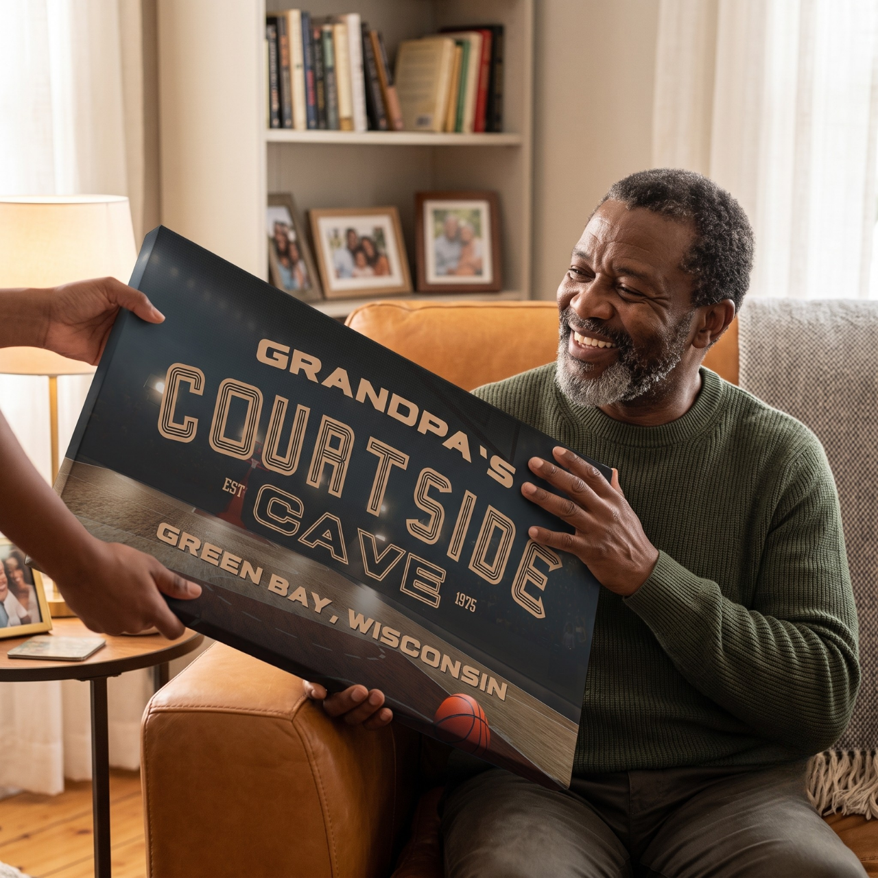 Personalized Basketball Sign featuring a custom design for a man cave, showcasing 'Grandpa's Courtside Cave'