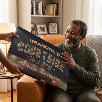 Personalized Basketball Sign featuring a custom design for a man cave, showcasing 'Grandpa's Courtside Cave'