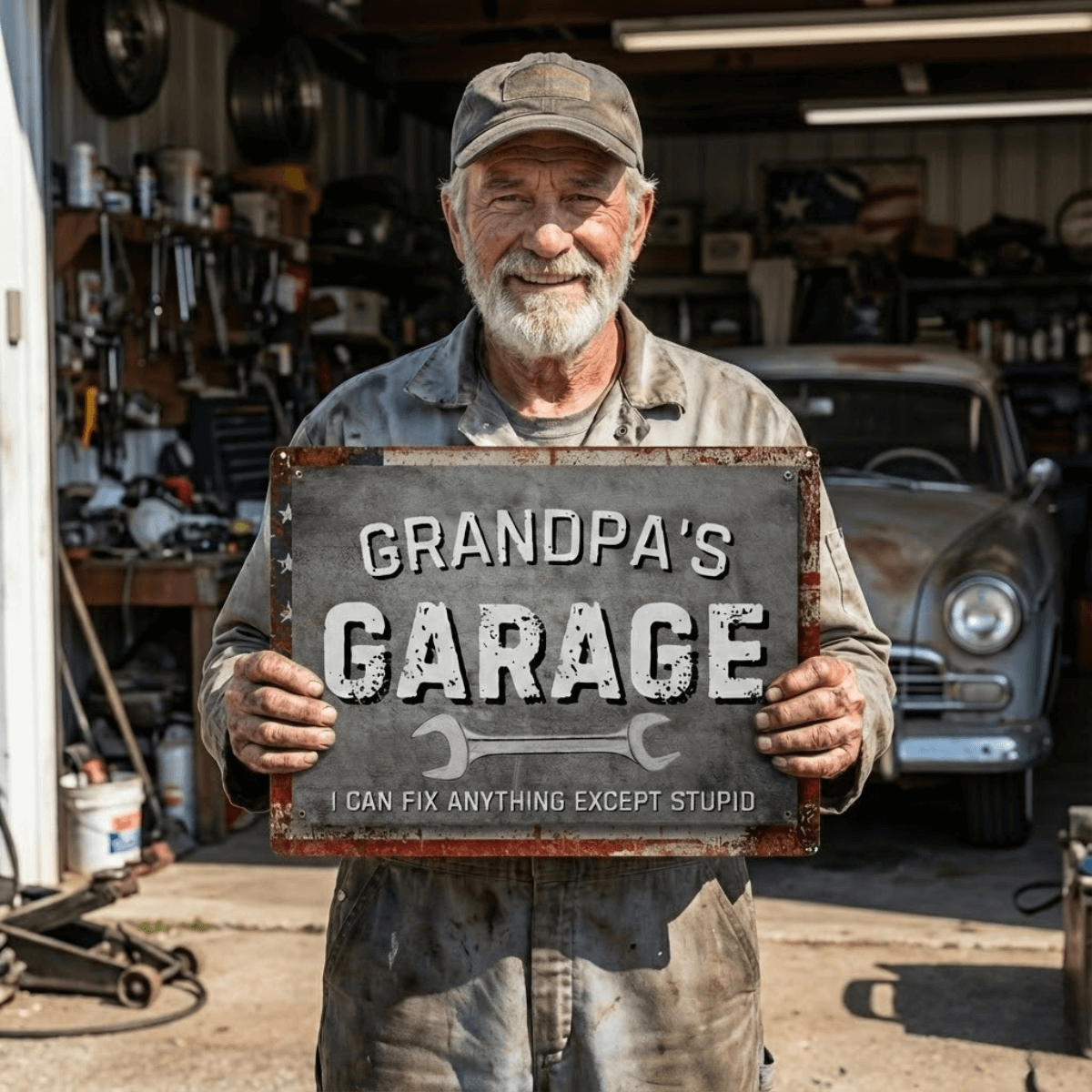 Metal Garage Sign featuring a smiling man holding a rugged sign that reads 'Grandpa's Garage' with a humorous quote.
