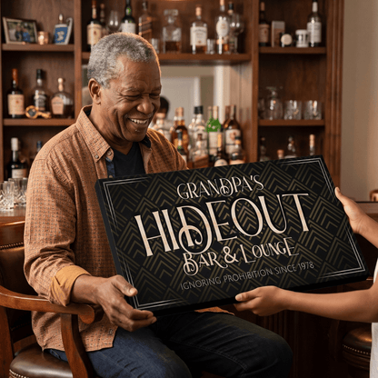 Image of a happy man holding a personalized 1920s Bar Sign in a cozy home bar setting.