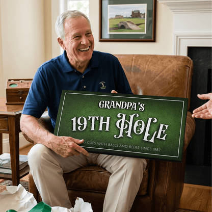 Grandpa holding a personalized 19th Hole Sign in a cozy living room, celebrating golf traditions.