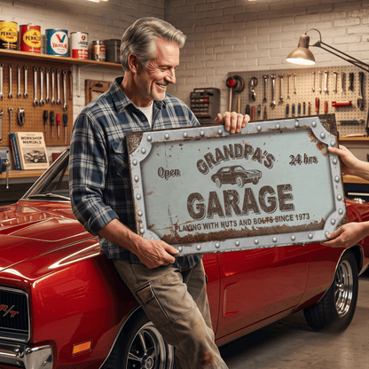 Vintage Garage Sign featuring a joyful man holding a customized garage sign in a classic car workshop.