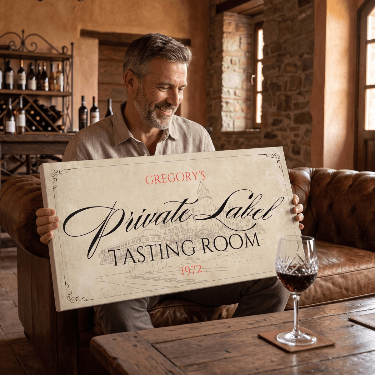 A man holding a Wine Bar Sign that features a personalized private label tasting room design.