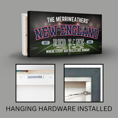 Personalized New England Football Sign canvas with installed hanging hardware and bold lettering.