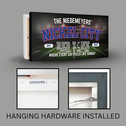 Buffalo Football Sign featuring 'Nickel City' personalized wall art with hanging hardware installed.