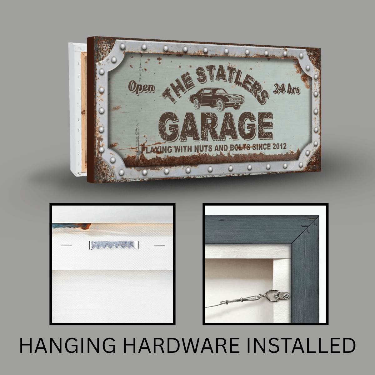Vintage Garage Sign with rust effect, personalized for The Statlers, featuring classic muscle car illustration and hanging hardware.