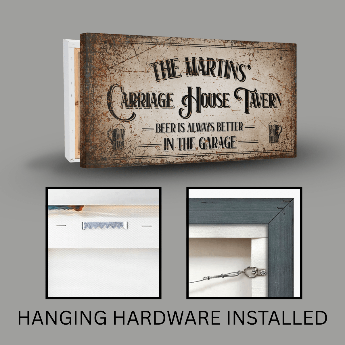 Garage Beer Sign featuring personalized design for a garage bar, with hanging hardware installed.