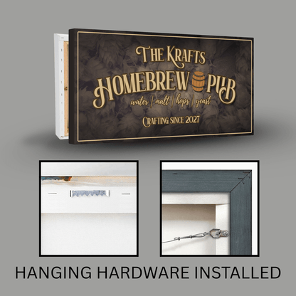 Personalized Homebrewing Sign featuring rustic design and hanging hardware, perfect for home taproom decor.