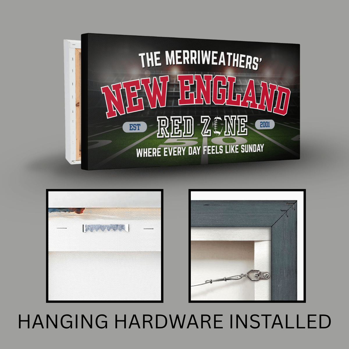 New England Football Sign personalized for the Merriweathers with hanging hardware installed
