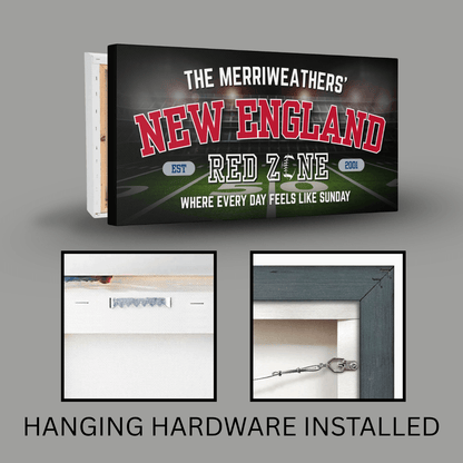 New England Football Sign personalized for the Merriweathers with hanging hardware installed