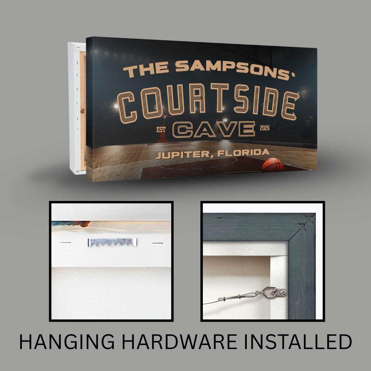 Personalized Basketball Sign featuring 'Courtside Cave' design, custom printed with name and location, hanging hardware installed.