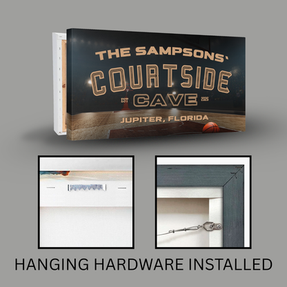 Personalized Basketball Sign featuring 'Courtside Cave' design, custom printed with name and location, hanging hardware installed.