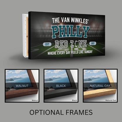 Personalized Philadelphia Football Sign featuring bold green text and optional frames in walnut, black, and natural oak.