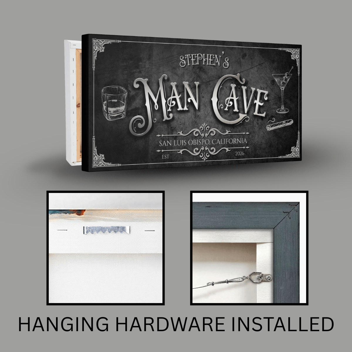 Vintage Man Cave Sign featuring personalized name and hanging hardware, ideal for a gentleman's parlor.