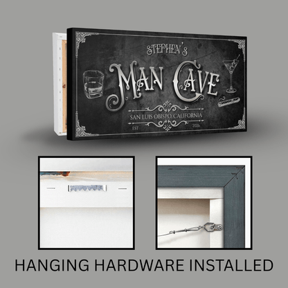 Vintage Man Cave Sign featuring personalized name and hanging hardware, ideal for a gentleman's parlor.