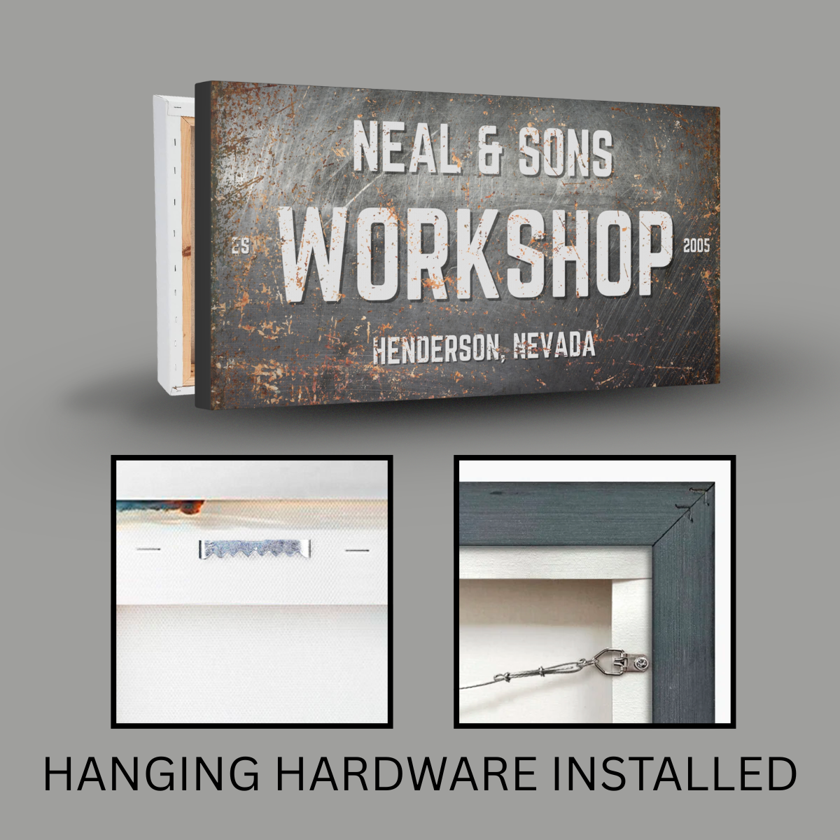 Personalized Workshop Sign featuring weathered metal finish, hanging hardware installed, custom name and location.
