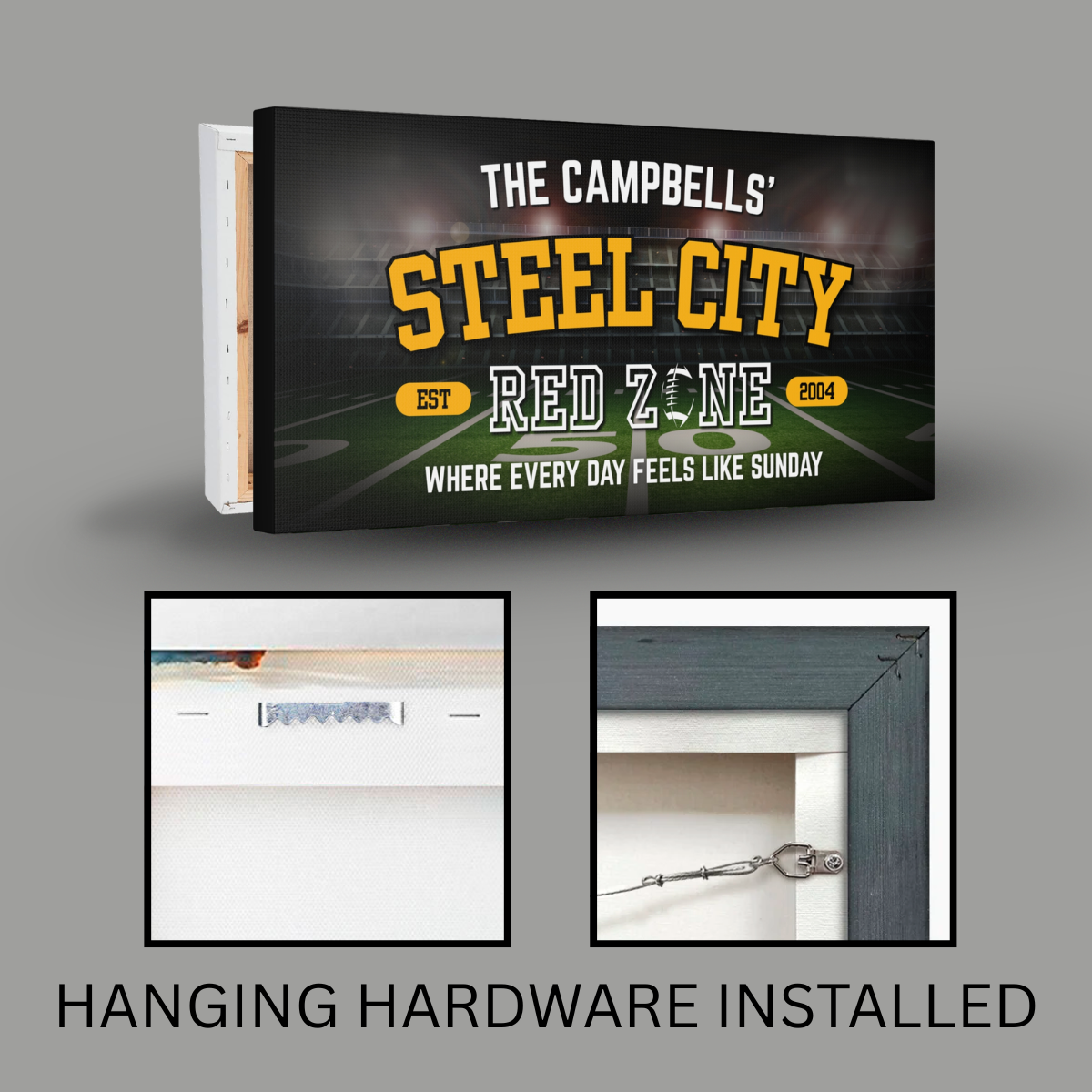 Pittsburgh Football Sign personalized wall art canvas hanging hardware installed for man cave decor.