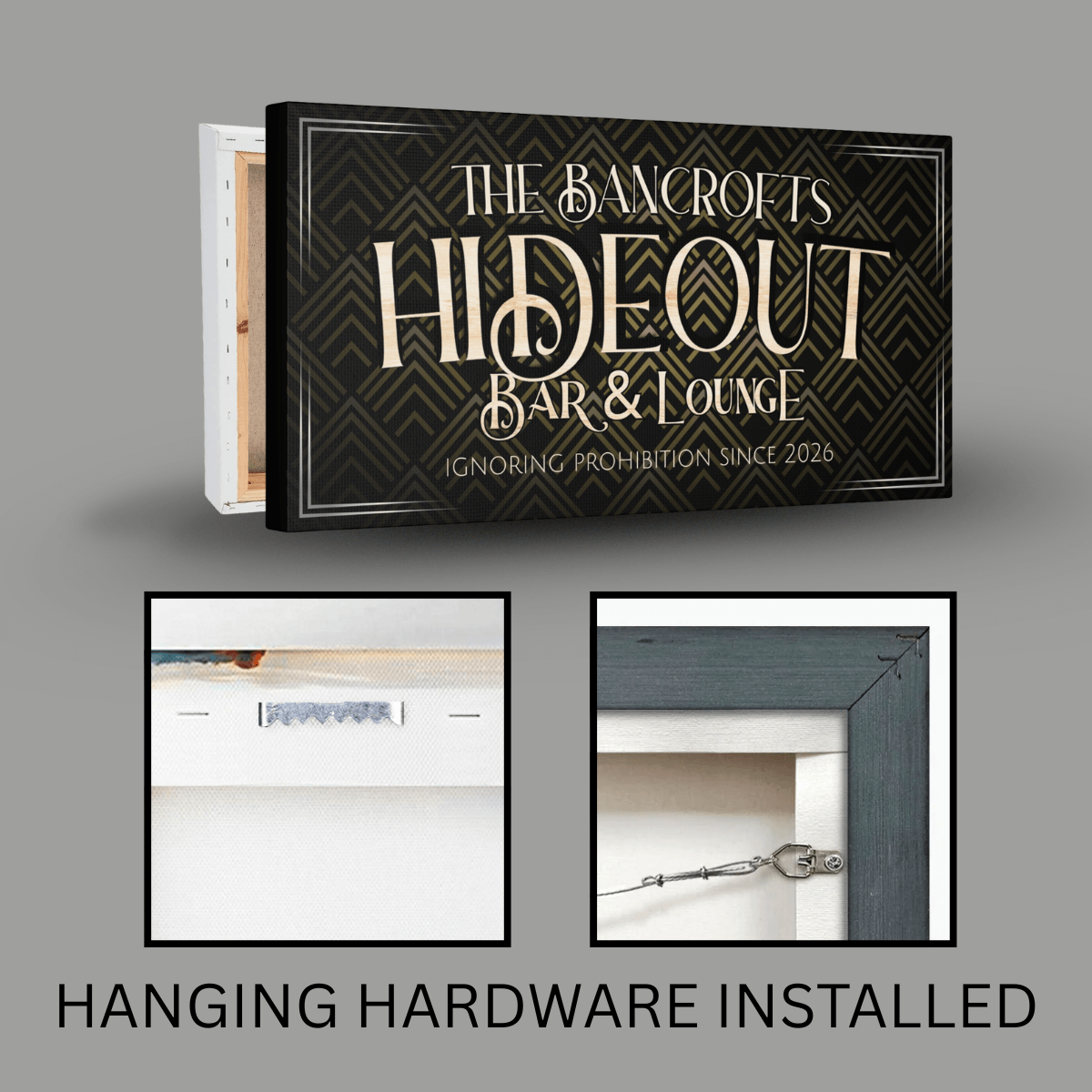 1920s Bar Sign featuring The Bancrofts Hideout Bar & Lounge with hanging hardware installed