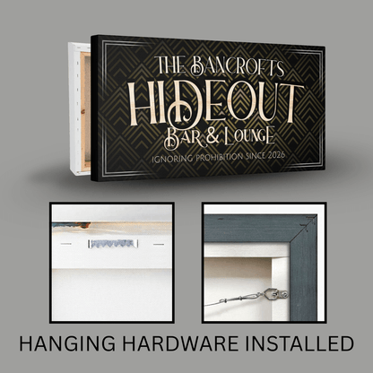 1920s Bar Sign featuring The Bancrofts Hideout Bar & Lounge with hanging hardware installed