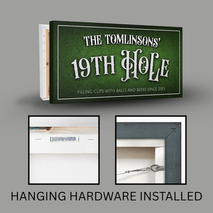 Personalized 19th Hole Sign canvas with green backdrop and installation hardware for man cave decor.