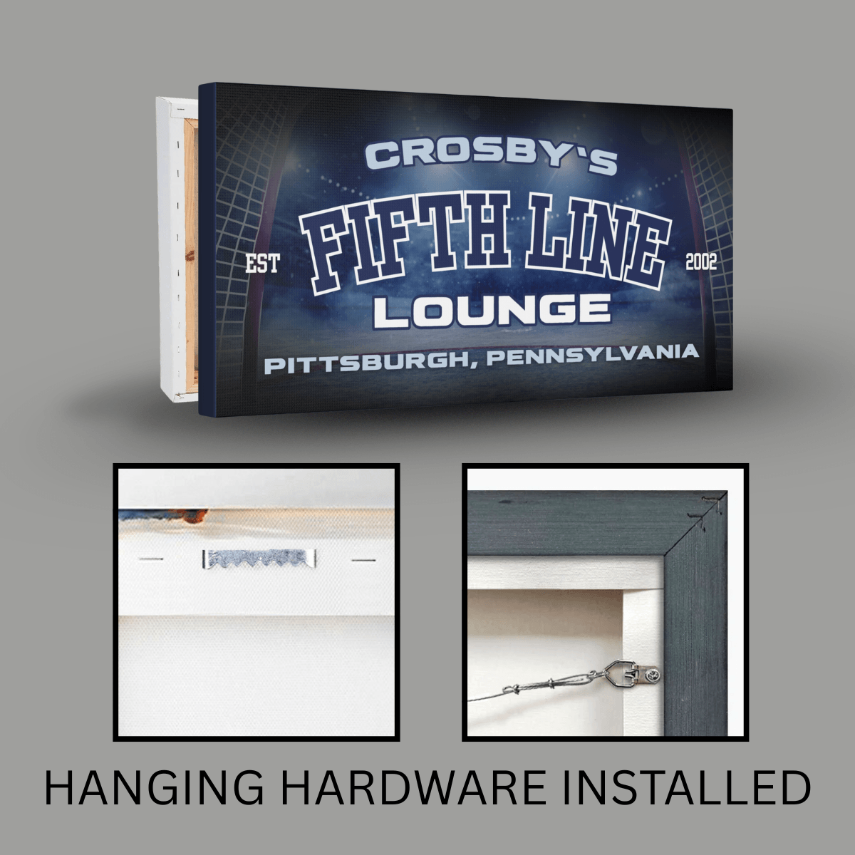 Hockey Man Cave Wall Art featuring Crosby's Fifth Line Lounge customized with hanging hardware installed.