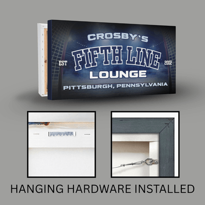 Hockey Man Cave Wall Art featuring Crosby's Fifth Line Lounge customized with hanging hardware installed.