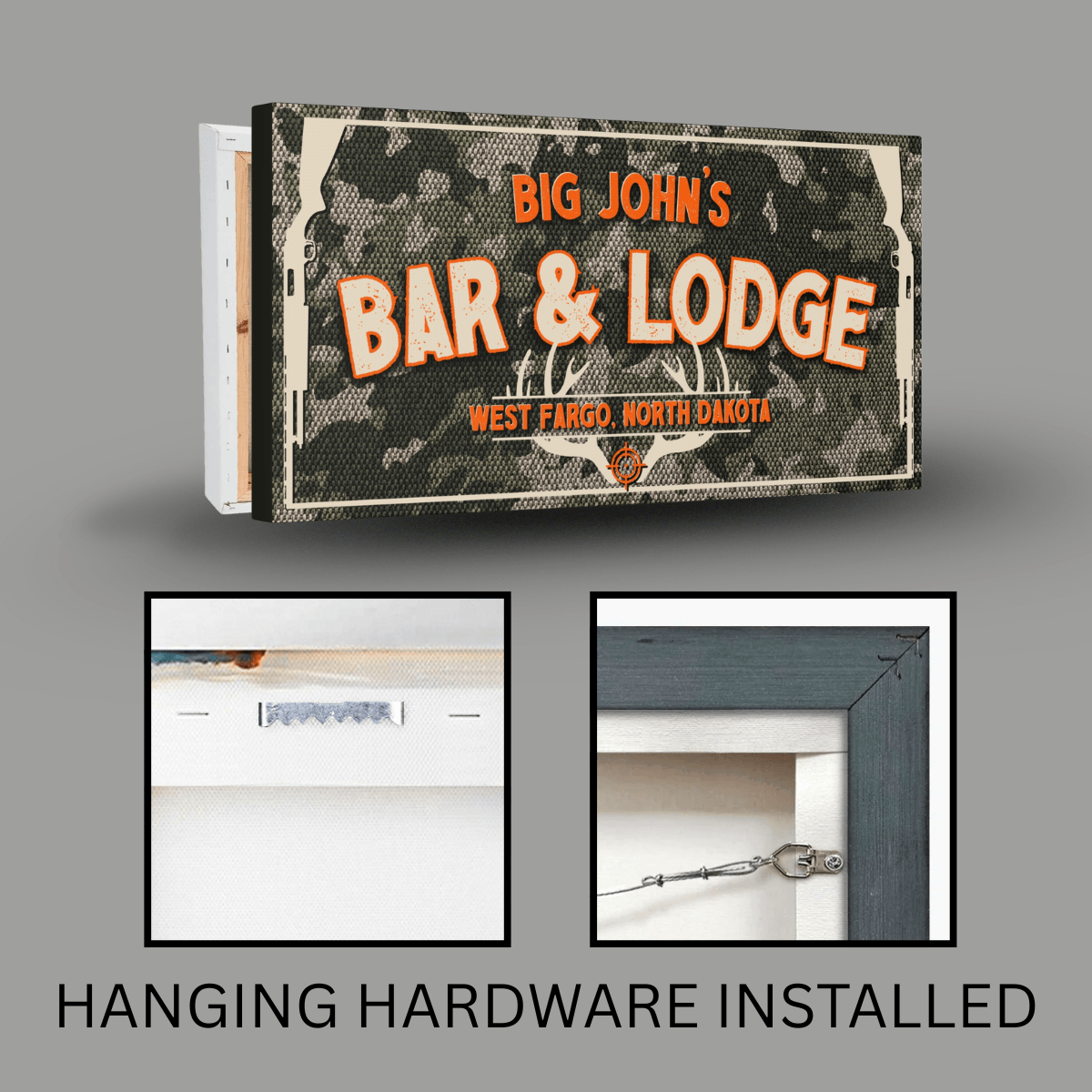 Hunting Lodge Sign featuring Big John's Bar & Lodge from West Fargo, North Dakota with hanging hardware installed.