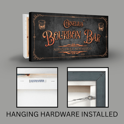 Personalized Bourbon Bar Sign showcasing a mahogany canvas with established year and location, hanging hardware included.