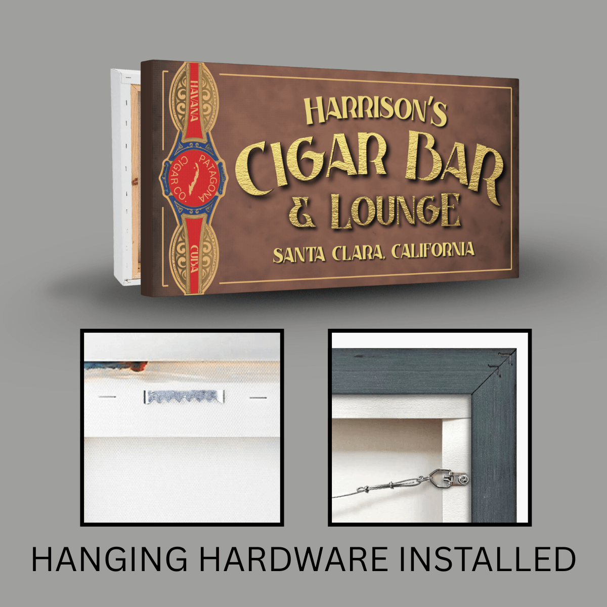 Cigar Bar Sign featuring Harrison's Cigar Bar & Lounge design with installed hanging hardware