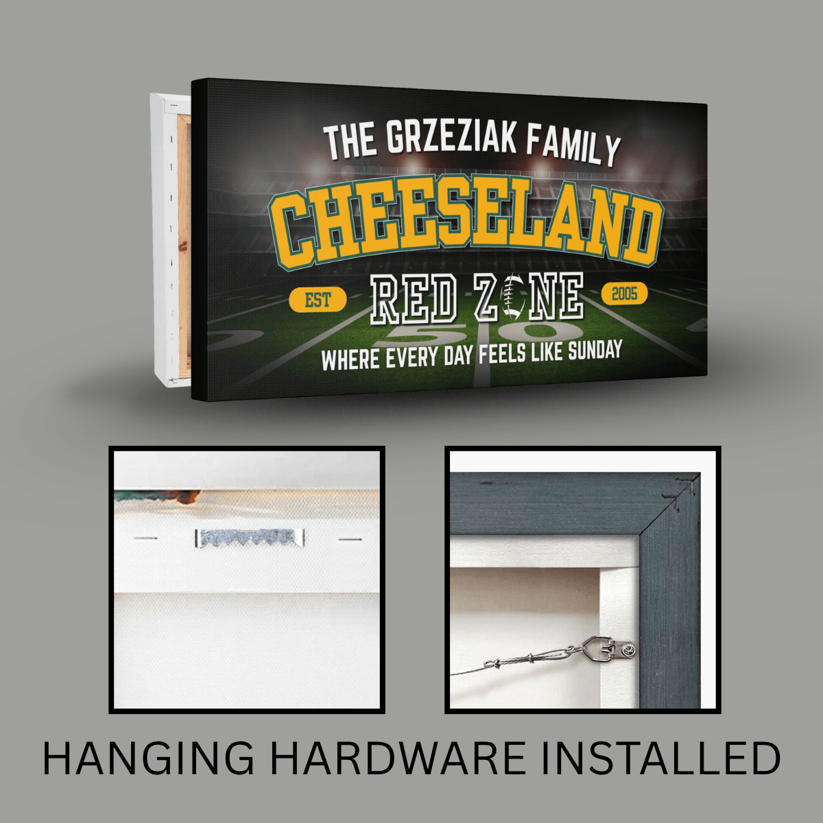 Personalized Green Bay Football Sign canvas with family name and Cheeseland design, perfect for man cave wall art.
