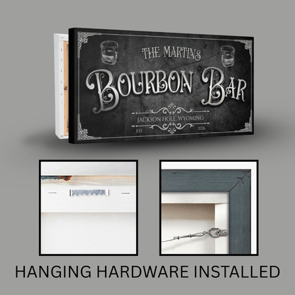Personalized Bourbon Bar Sign with hanging hardware installed for vintage home bar decor.