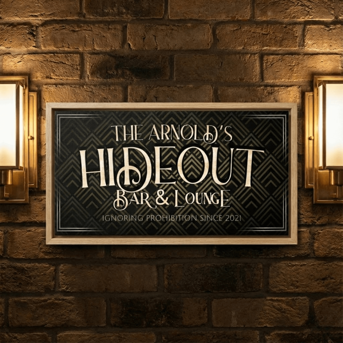 Vintage Home Bar Sign showcasing personalized bar name against a stylish backdrop of brick wall and elegant lighting.
