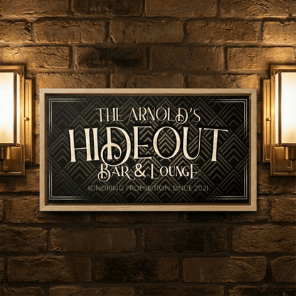 Vintage Home Bar Sign showcasing personalized bar name against a stylish backdrop of brick wall and elegant lighting.