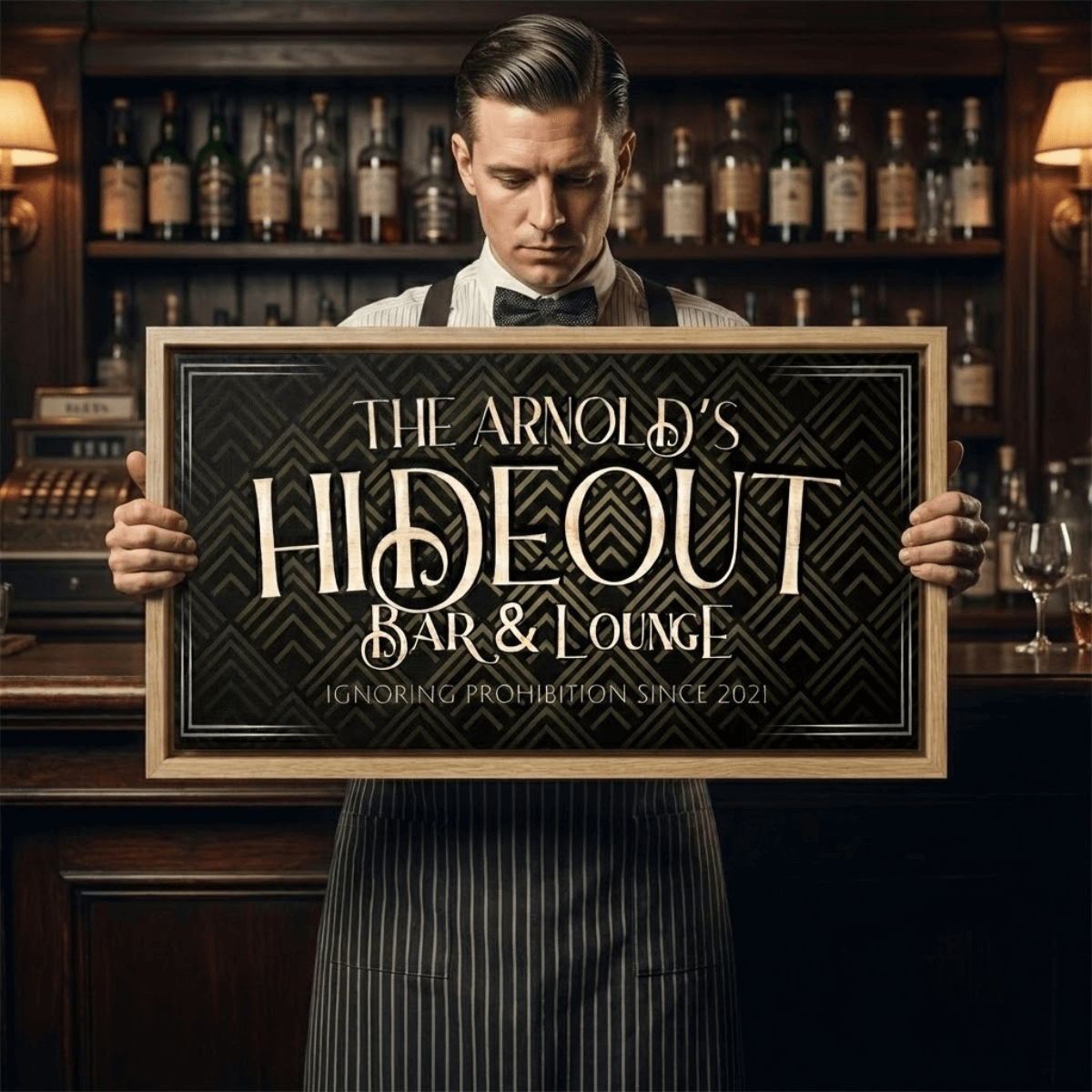 Vintage Home Bar Sign featuring Art Deco design, displayed by a bartender in a classic bar setting.