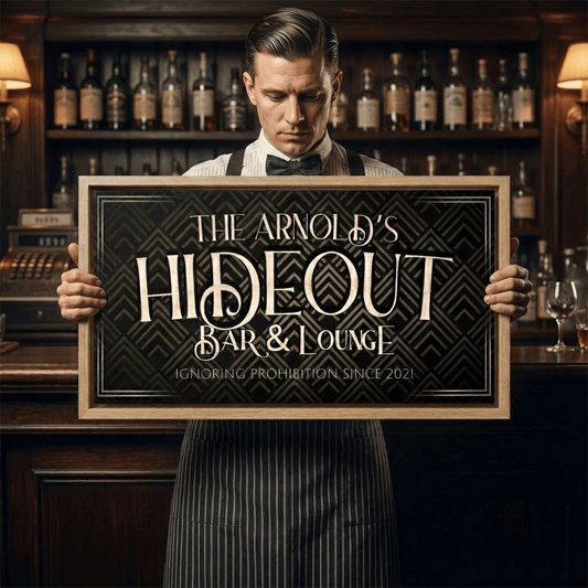 Vintage Home Bar Sign featuring Art Deco design, displayed by a bartender in a classic bar setting.