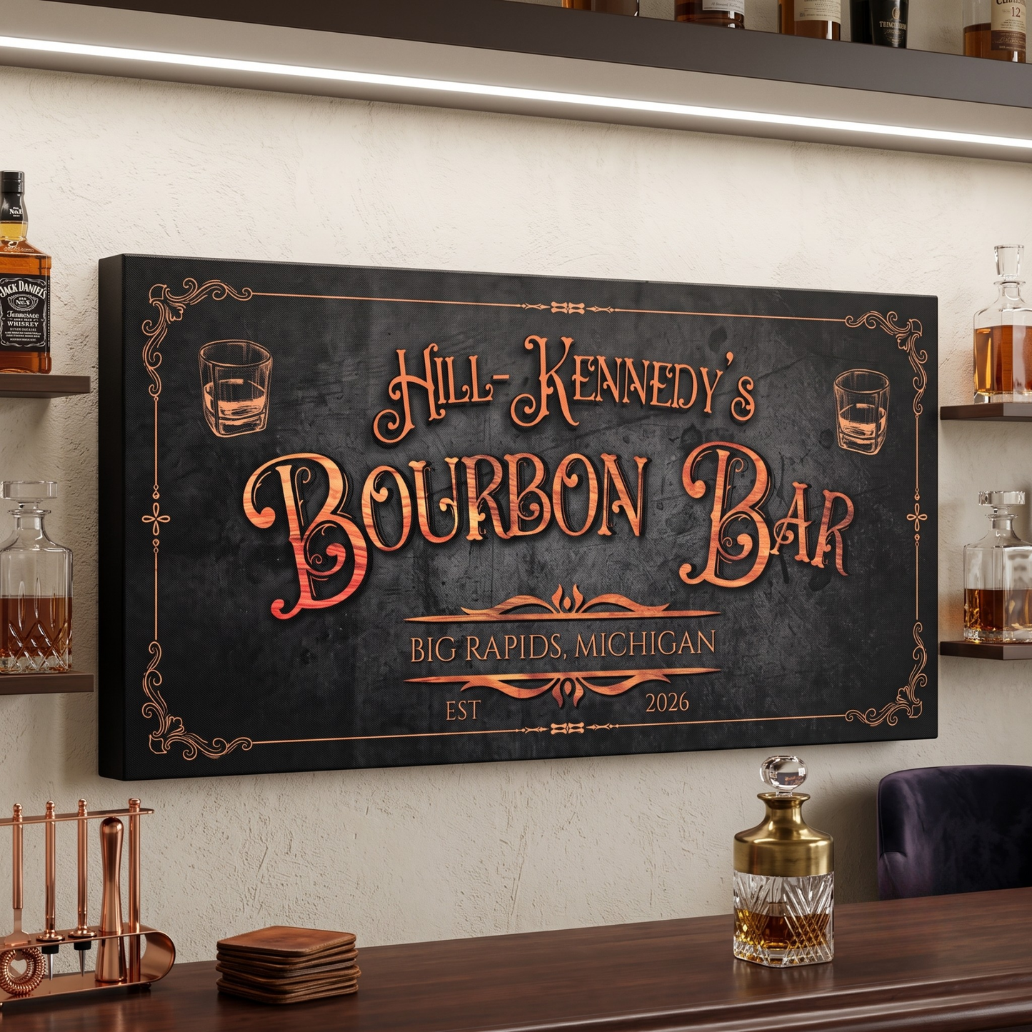 Personalized Bourbon Bar Sign crafted in mahogany wood-tone canvas, featuring name and location for a home bar.
