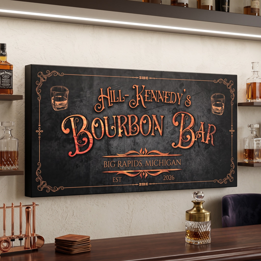 Personalized Bourbon Bar Sign crafted in mahogany wood-tone canvas, featuring name and location for a home bar.