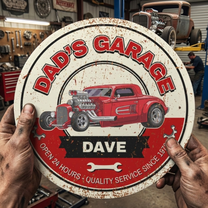 Dad's Garage Sign featuring a classic car and personalized name 'Dave', metal round design for garage decor