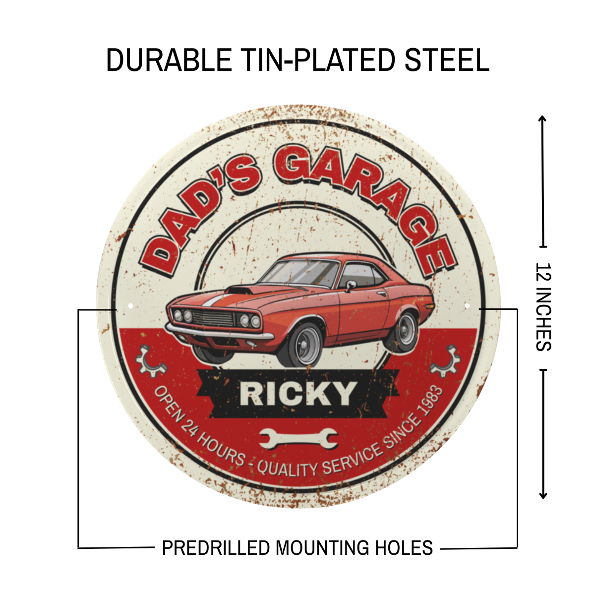 DAD'S GARAGE Sign, personalized vintage round metal sign with classic car design, crafted from durable tin-plated steel.