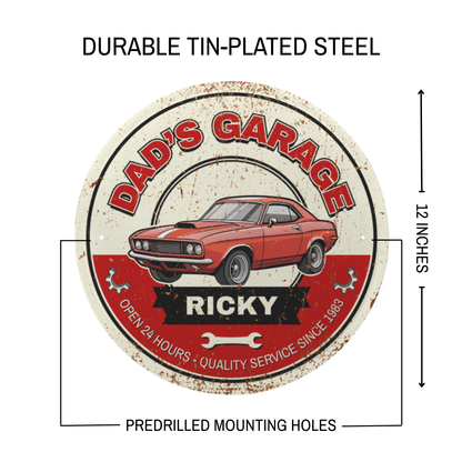 DAD'S GARAGE Sign, personalized vintage round metal sign with classic car design, crafted from durable tin-plated steel.