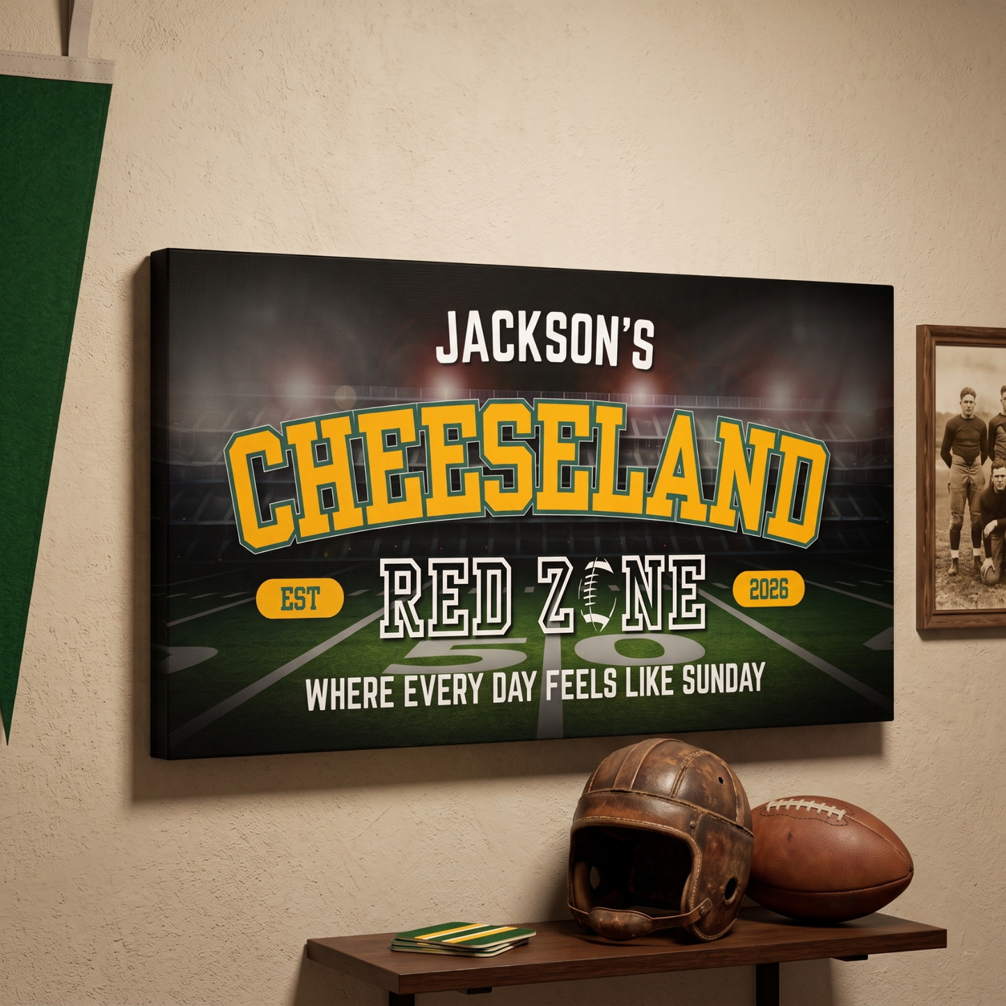 Green Bay Football Sign featuring personalized name in Cheeseland themed wall art canvas for man cave decor.